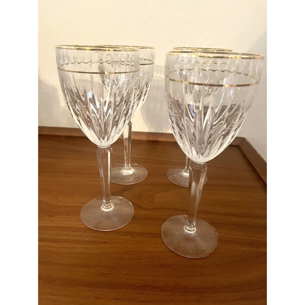 4 Lenox Crystal Ambassador Water Wine Glasses Cut Gold Trim